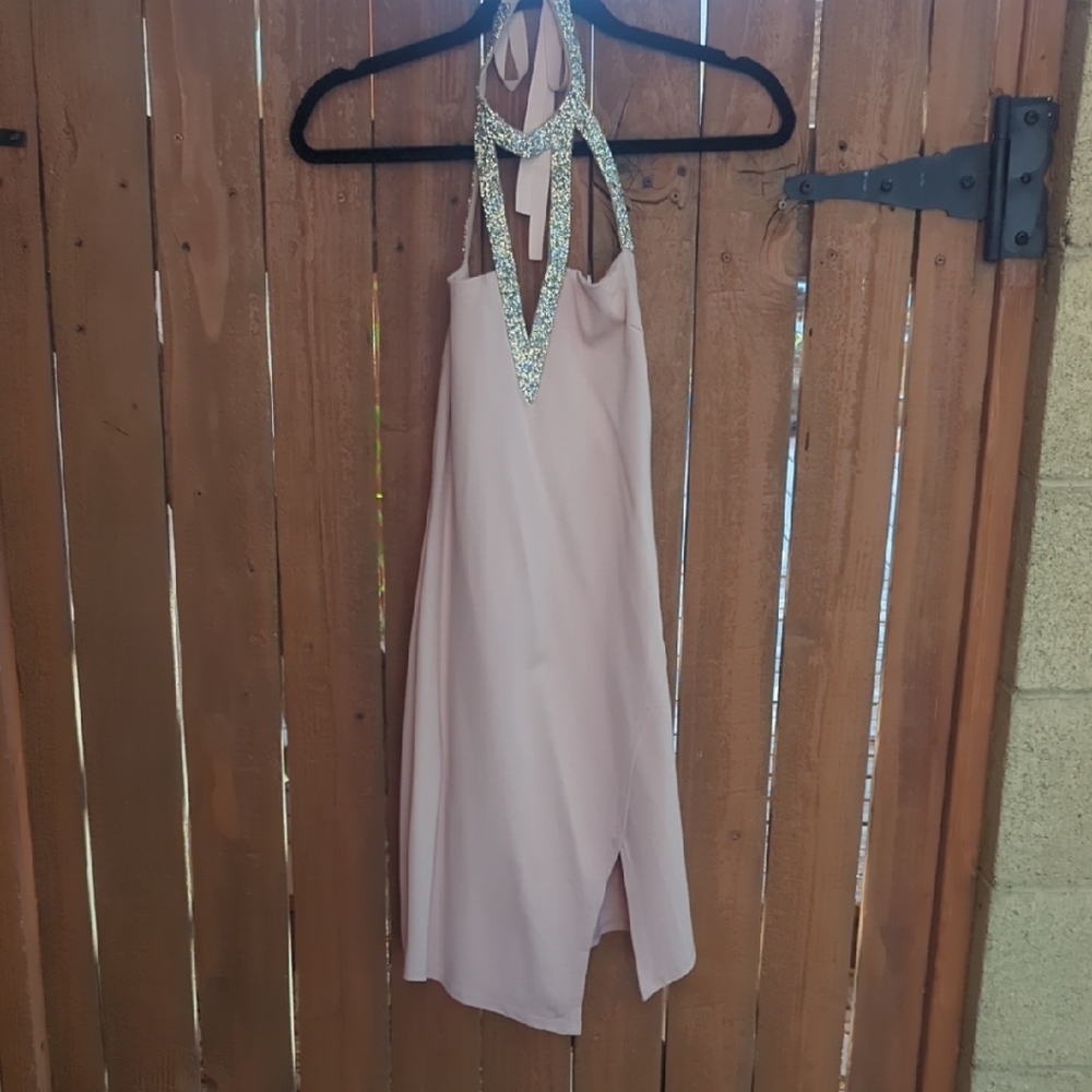 Charlotte Russe Blush One-Shoulder Midi Dress with Rhinestone V